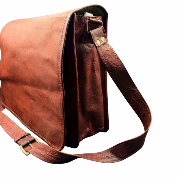 Handmade Brown Leather Messenger Bag Laptop Crossbody Satchel - Picture 5 of 16